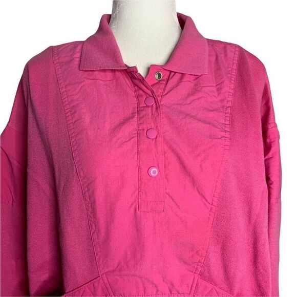Vintage 80s Snap Front Pullover Sweatshirt L Pink Collared Pockets Ribbed Knit - Picture 1 of 6